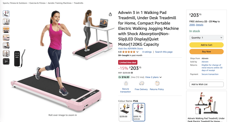 Amazon: Advwin 3 in 1 Walking Pad Treadmill- Was: $239.00, now $203.15
